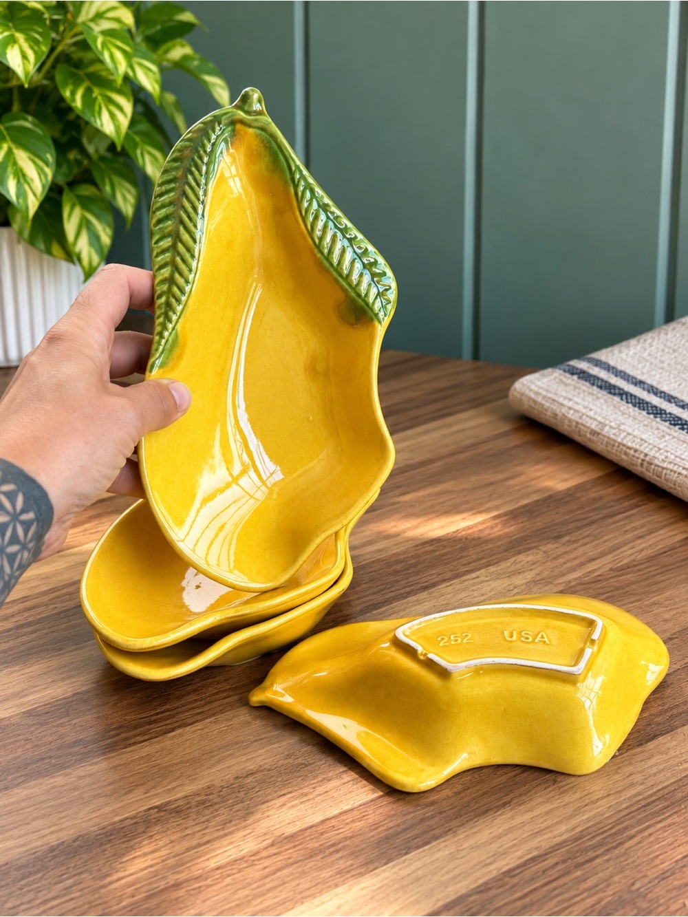 Vintage MCM Lemon Shaped Nesting Dishes Set of 4 Yellow Green Leaf USA Pottery